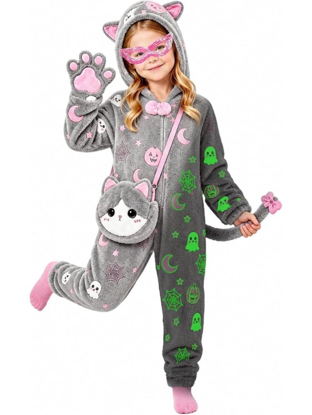 Halloween Glow in the Dark Cat Costume for Girls, Kids Animal Onesie Outfit